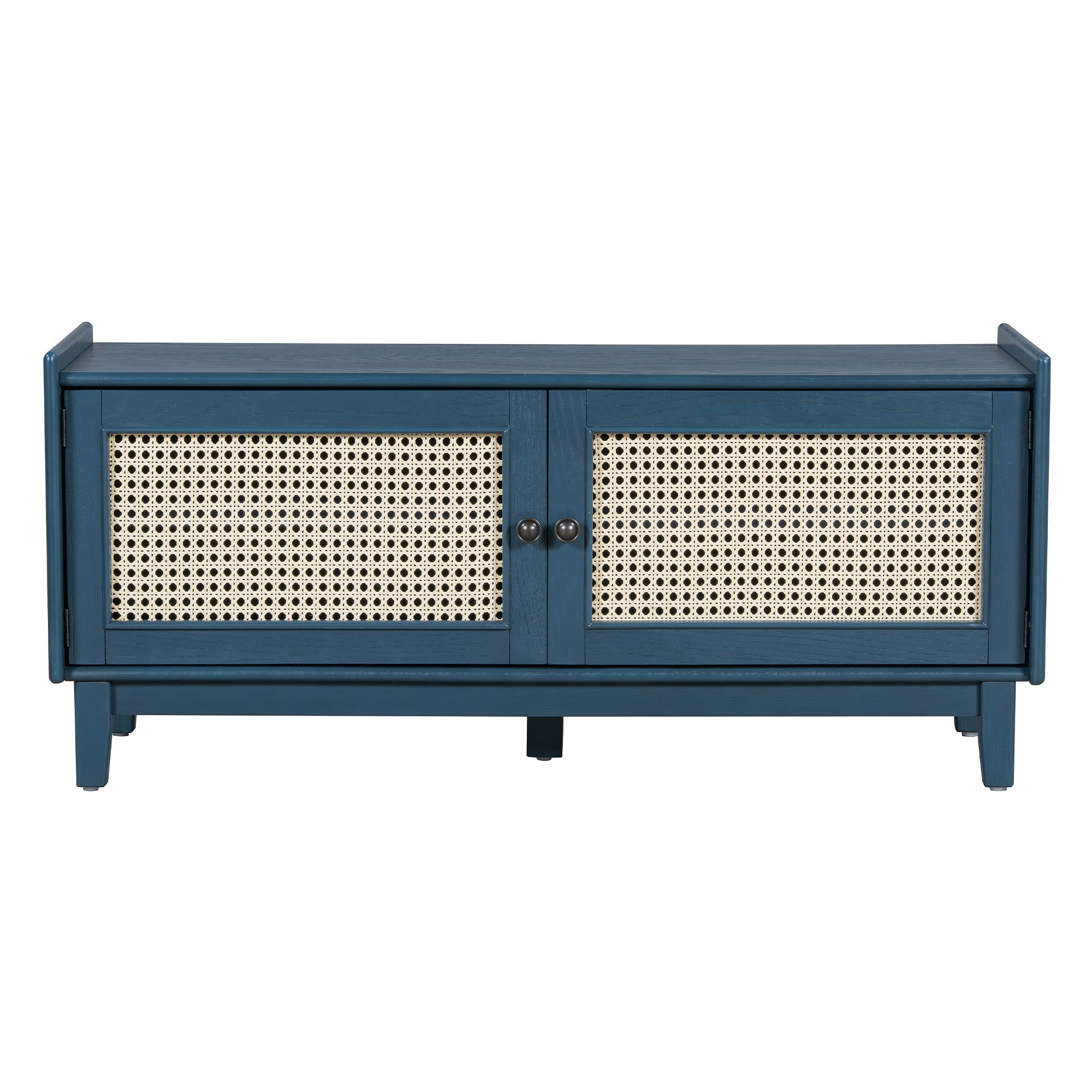 Boho Rattan Entryway Bench with Storage, Cushioned Shoe Bench with Double