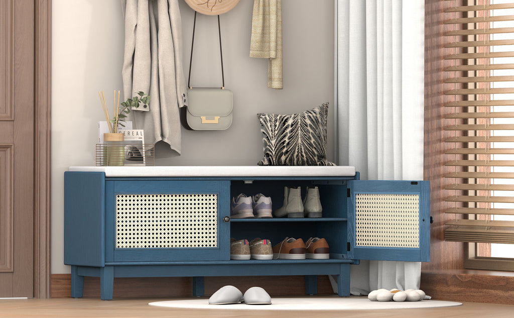 Boho Rattan Entryway Bench with Storage, Cushioned Shoe Bench with Double