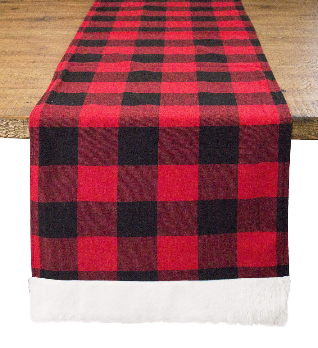 Fennco Styles Holiday Buffalo Plaid Red and Black with White Faux Fur Border Design Table Runner 16" W x 72" L