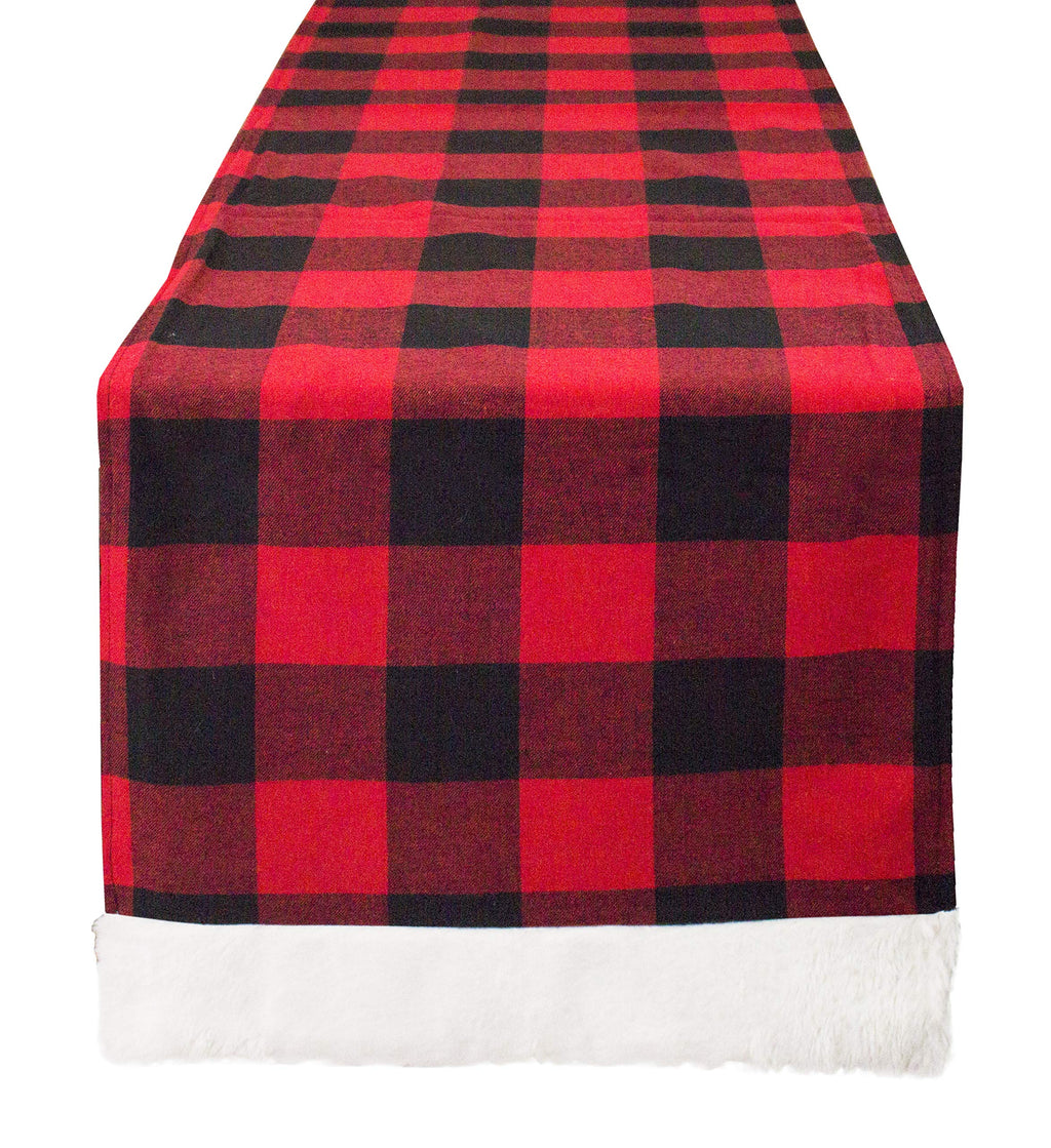 Fennco Styles Holiday Buffalo Plaid Red and Black with White Faux Fur Border Design Table Runner 16" W x 72" L