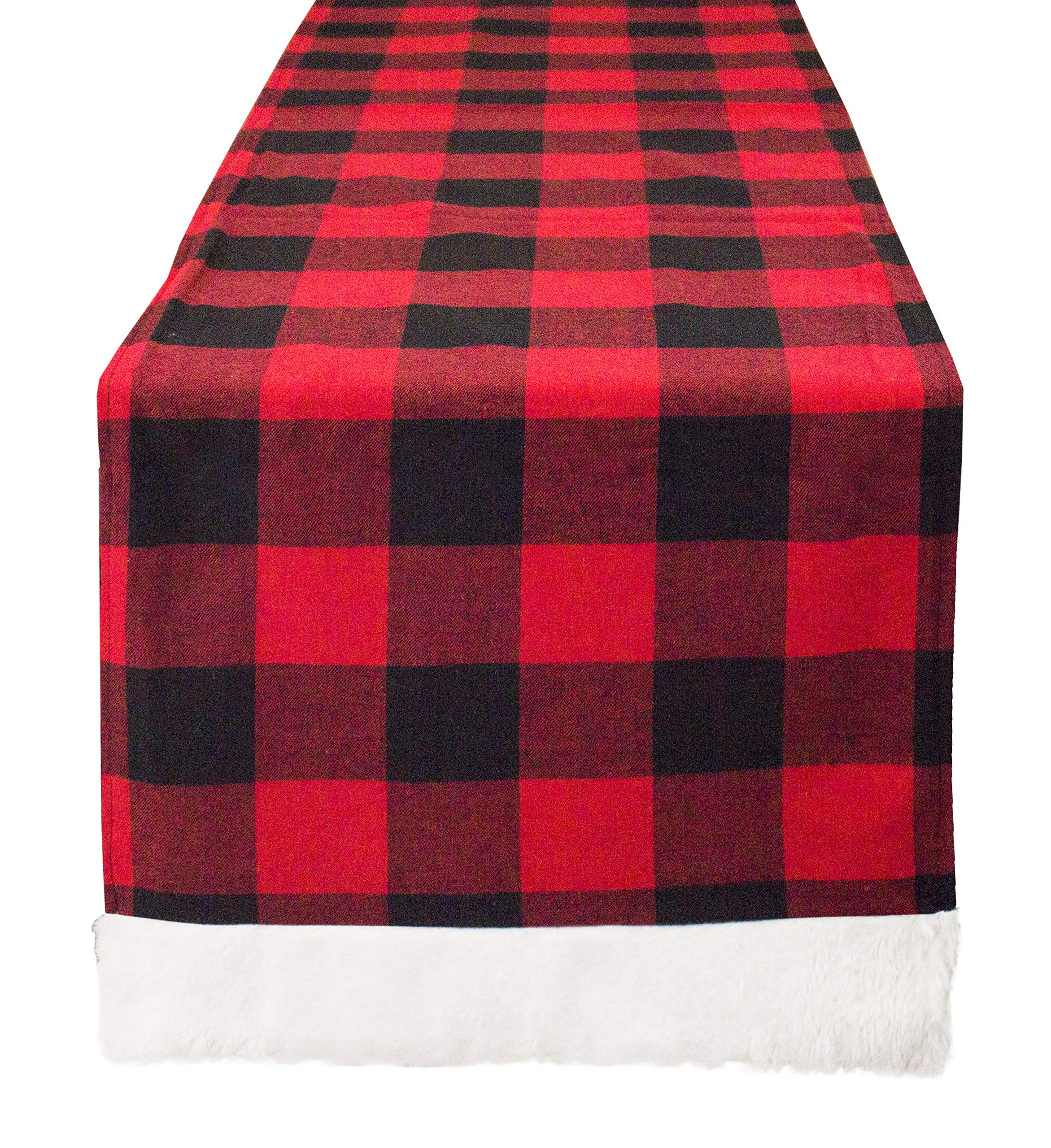Fennco Styles Holiday Buffalo Plaid Red and Black with White Faux Fur Border Design Table Runner 16" W x 72" L