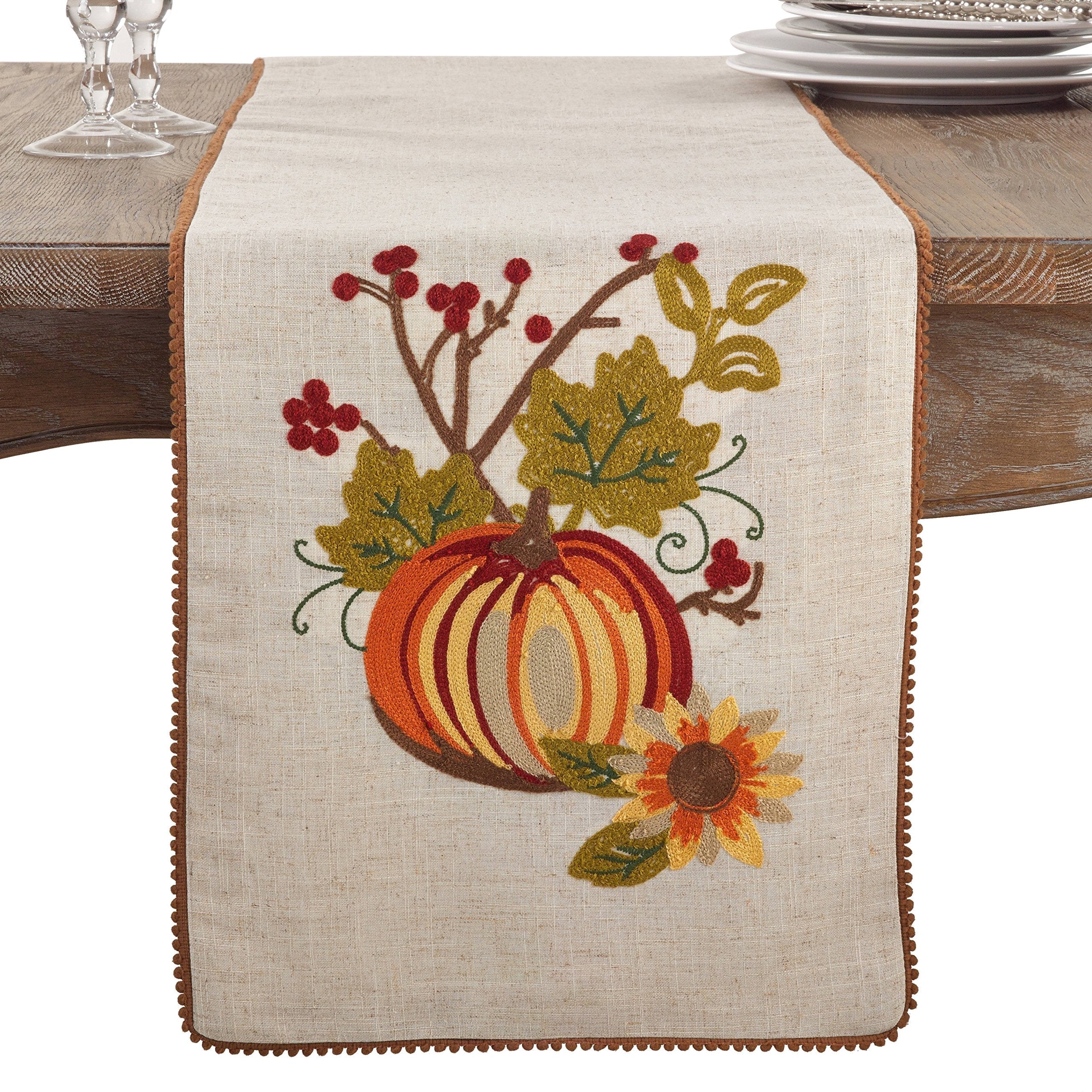 Fennco Styles Embroidered Pumpkin Colletion Holiday Thanksgiving Table Runner