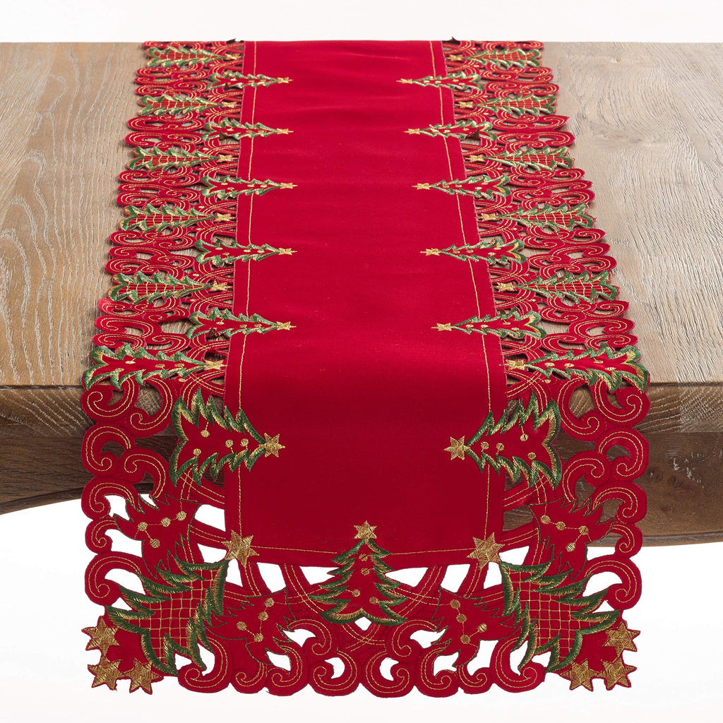 Fennco Styles Pandoro Collection Holiday Embroidered Christmas Tree Cutwork Border Table Linens – Ivory and Red Table Linens for Christmas Dinner, Family Gathering, Special Events and Home Décor