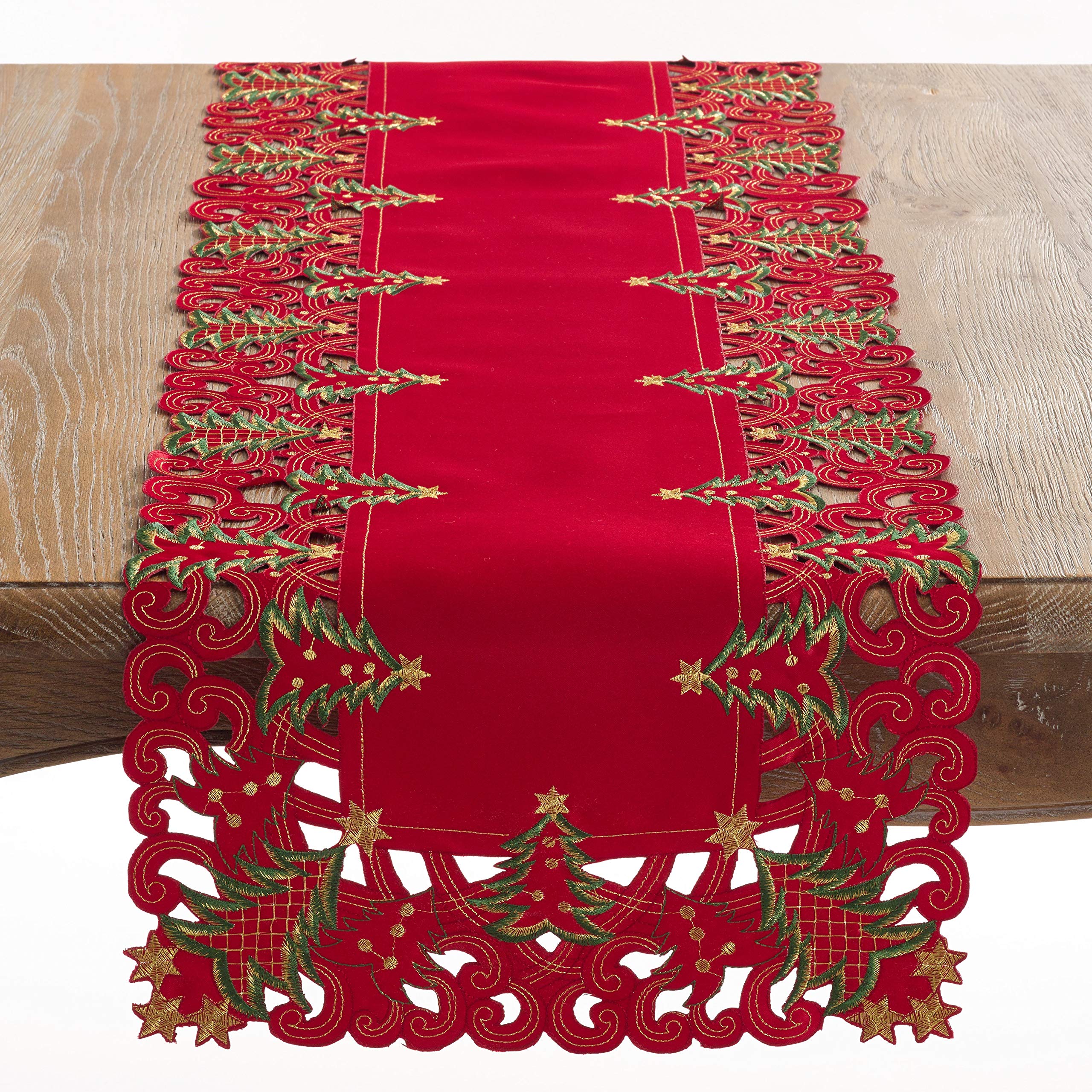 Fennco Styles Pandoro Collection Holiday Embroidered Christmas Tree Cutwork Border Table Linens – Ivory and Red Table Linens for Christmas Dinner, Family Gathering, Special Events and Home Décor