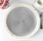 Fennco Styles Hand Braided Fringe Boho Placemats 15 Inch Round, Set of 4 - Beige & White Woven Textured Table Mats for Home, Dining Room, Banquets, Family Gathering and Special Occasion