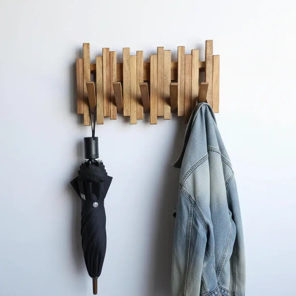 Acacia wood coat rack towel rack robe hanger apron hanger Wall Mounted with Flip Down Hooks, Entryway Bathroom Pantry