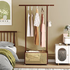 Bamboo Clothes Rack with Rattan Storage Basket and Wheels