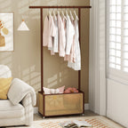Bamboo Clothes Rack with Rattan Storage Basket and Wheels