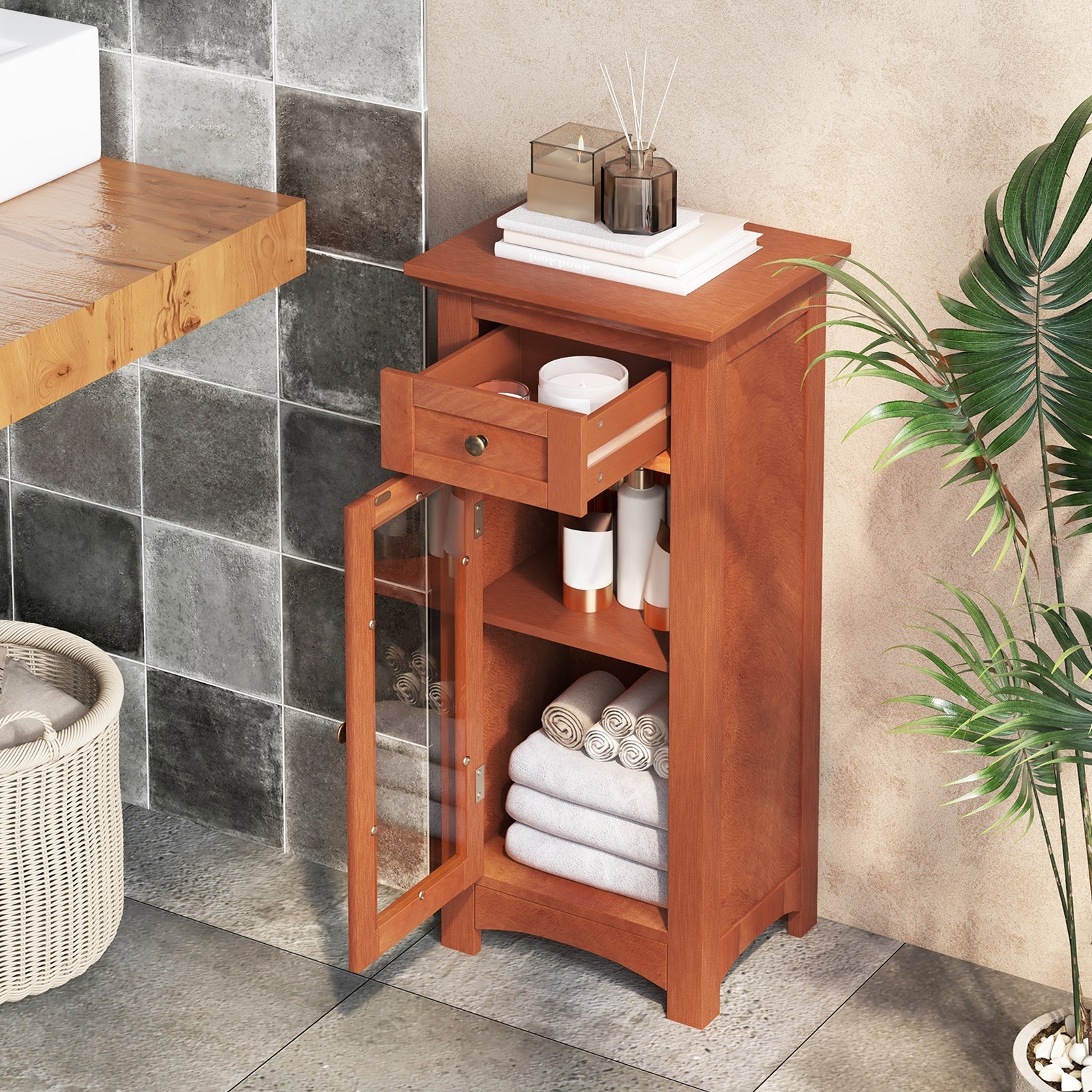 Bathroom Freestanding Storage Cabinet with Single Glass Door Bathroom Bedroom Entry Office