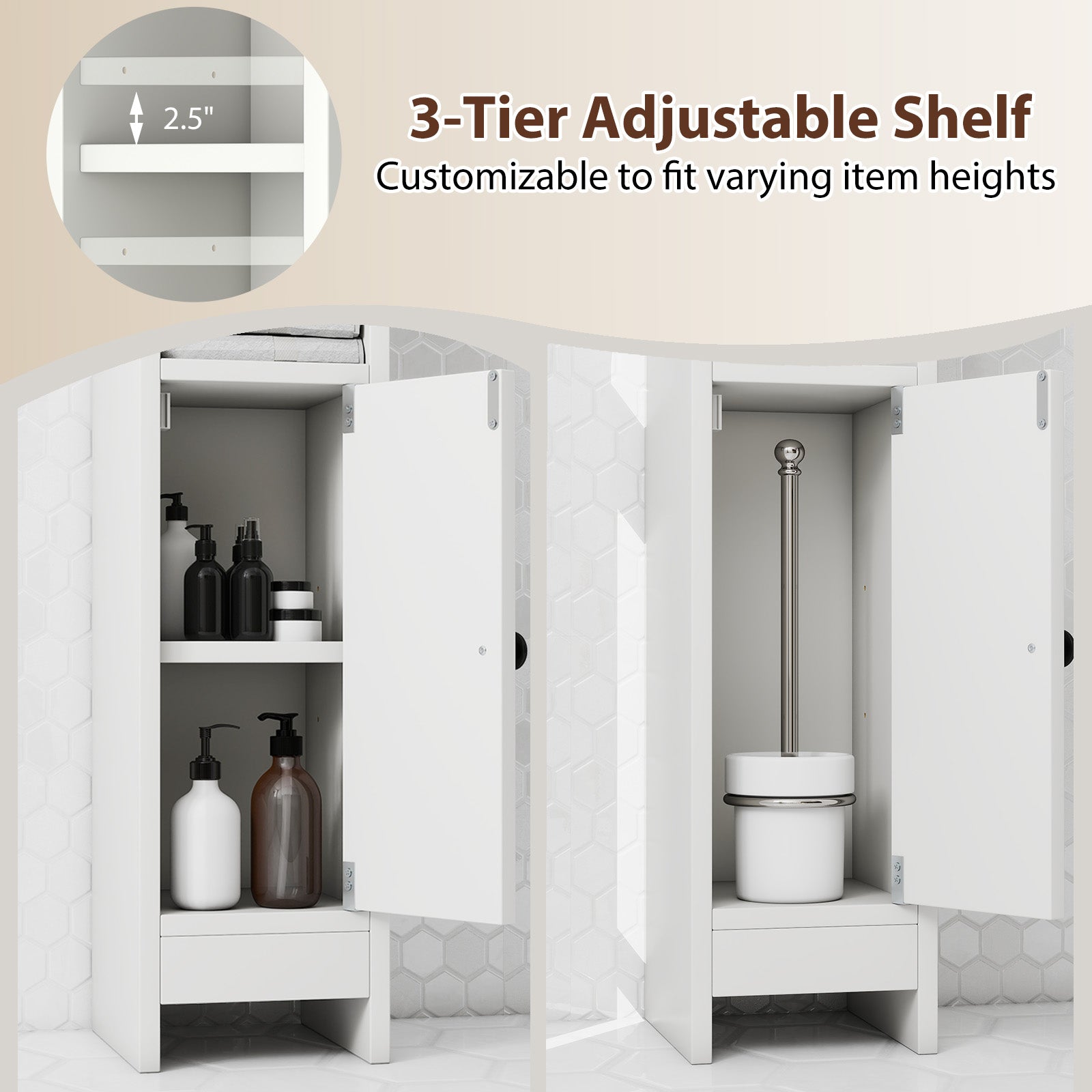 Bathroom Slim Cabinet Corner with Door and Adjustable Shelf Bathroom Entry Bedroom Pantry