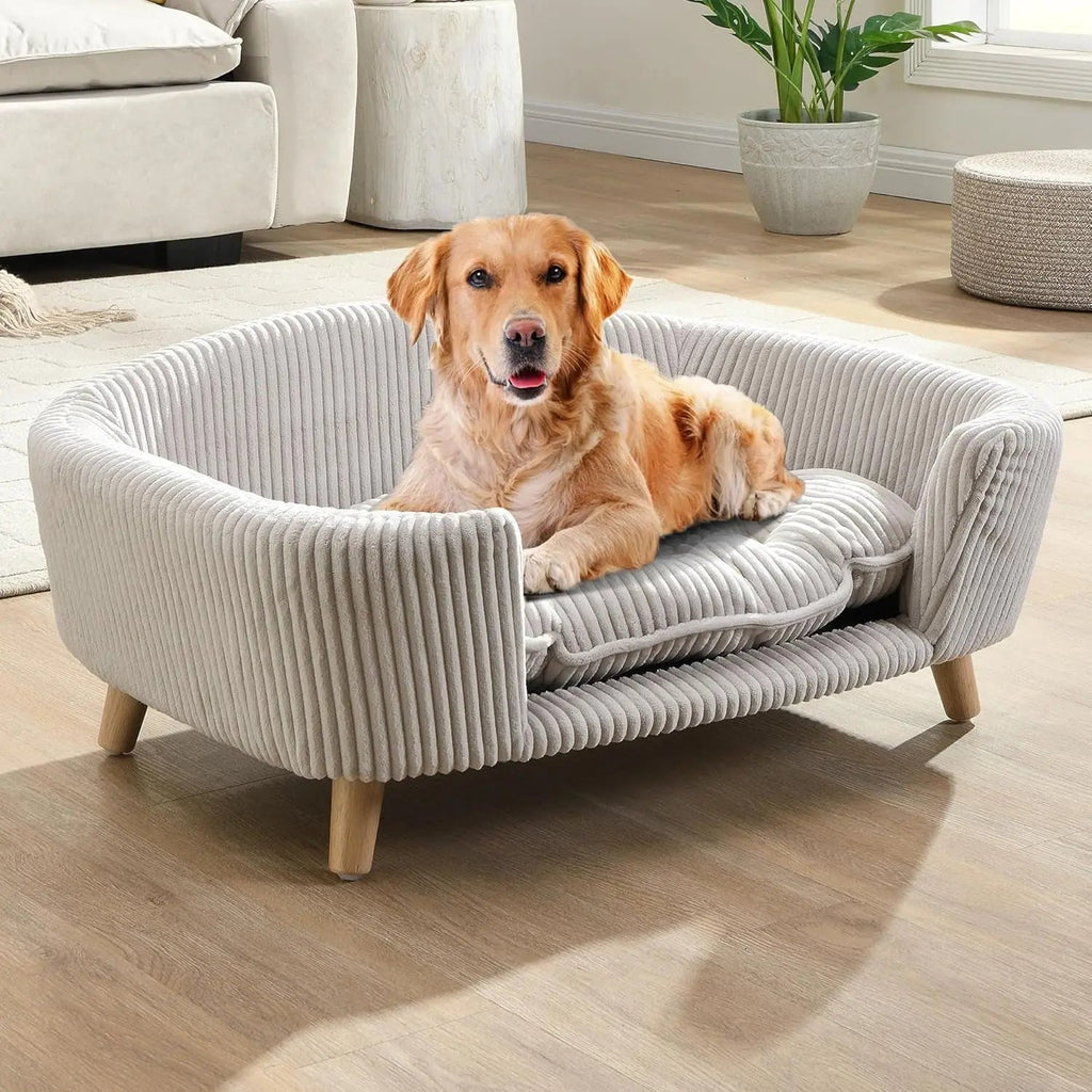 Elevated Dog Sofa Bed Corduroy Pet Couch with Wooden Legs 30 Inch