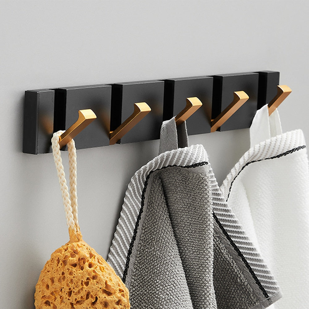 Black Gold, Folding Towel Hanger 2way Installation Wall Hooks Coat Clothes Towel Umbrella Leash Holder for Bathroom Kitchen Bedroom Hallway Pantry Laundry Entry Patio Pets