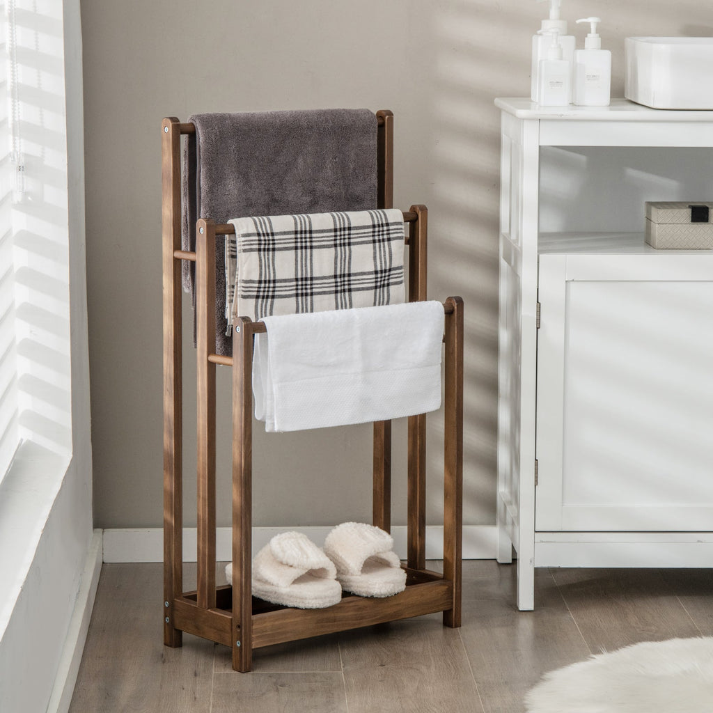 Freestanding Wood Towel Rack 3-Bar Towel Drying Stand with Bottom Storage Shelf