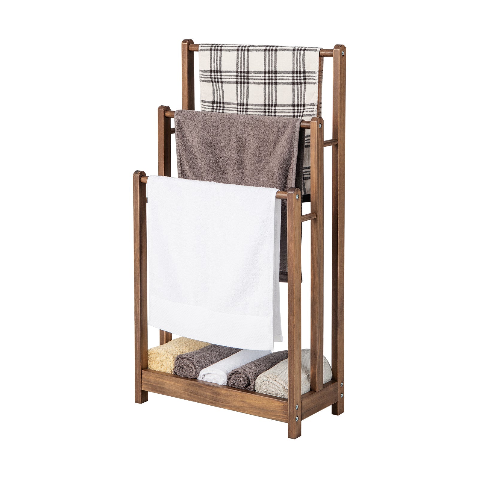 Freestanding Wood Towel Rack 3-Bar Towel Drying Stand with Bottom Storage Shelf