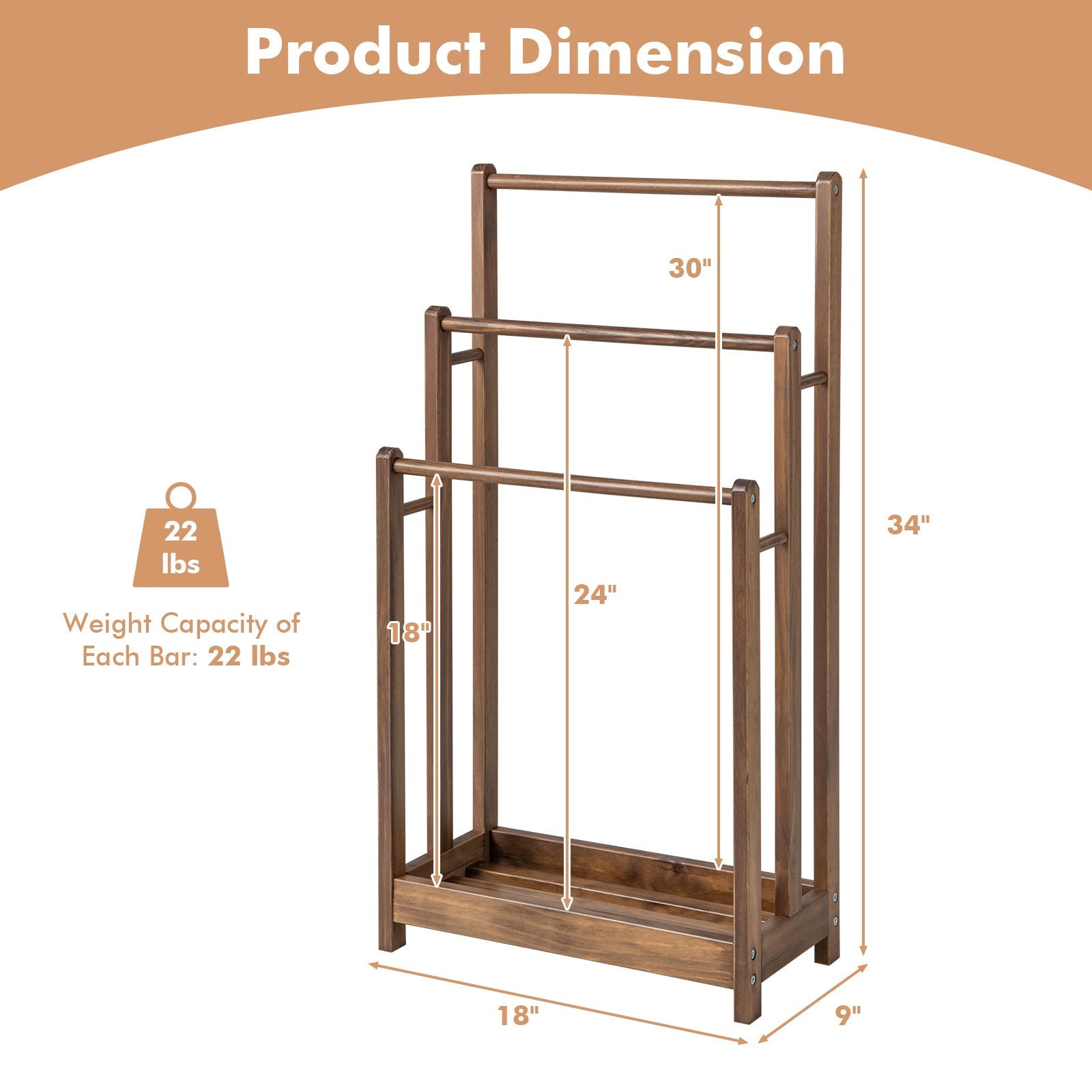 Freestanding Wood Towel Rack 3-Bar Towel Drying Stand with Bottom Storage Shelf