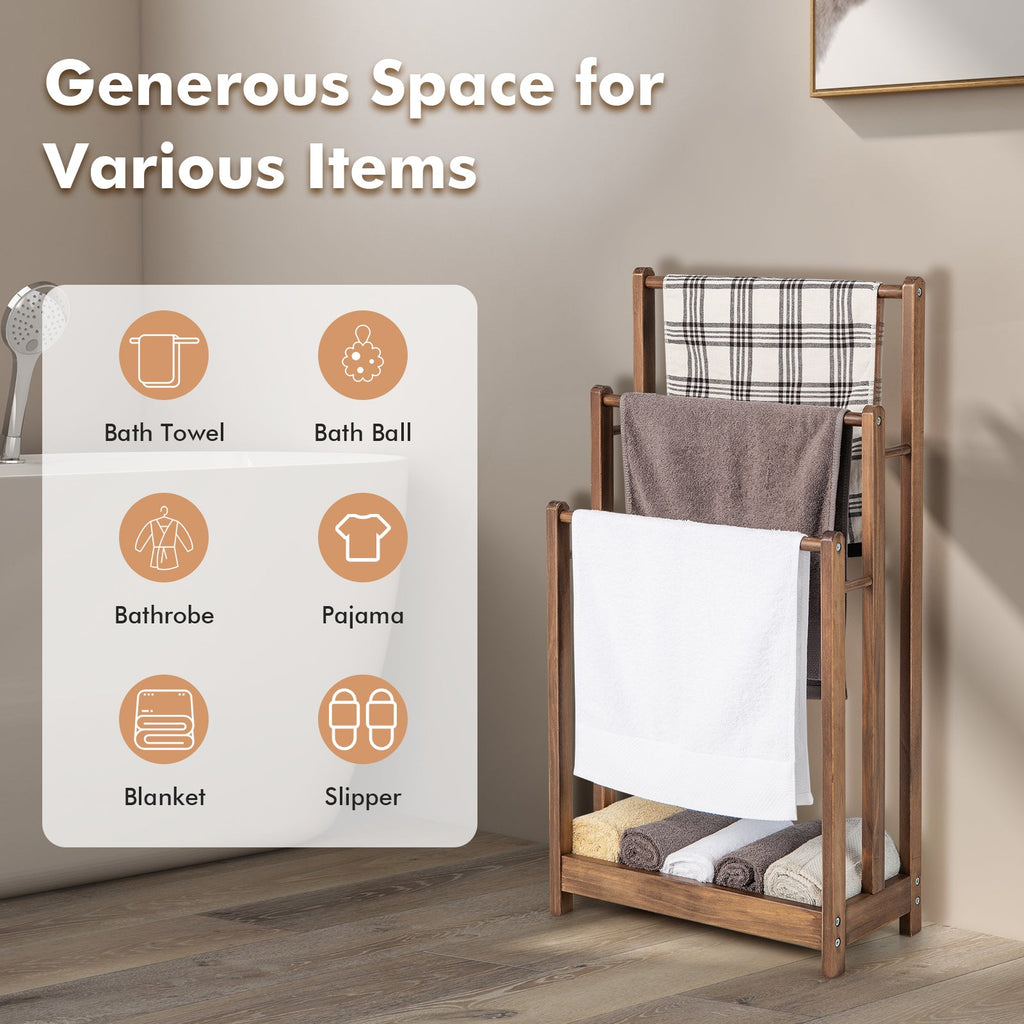 Freestanding Wood Towel Rack 3-Bar Towel Drying Stand with Bottom Storage Shelf