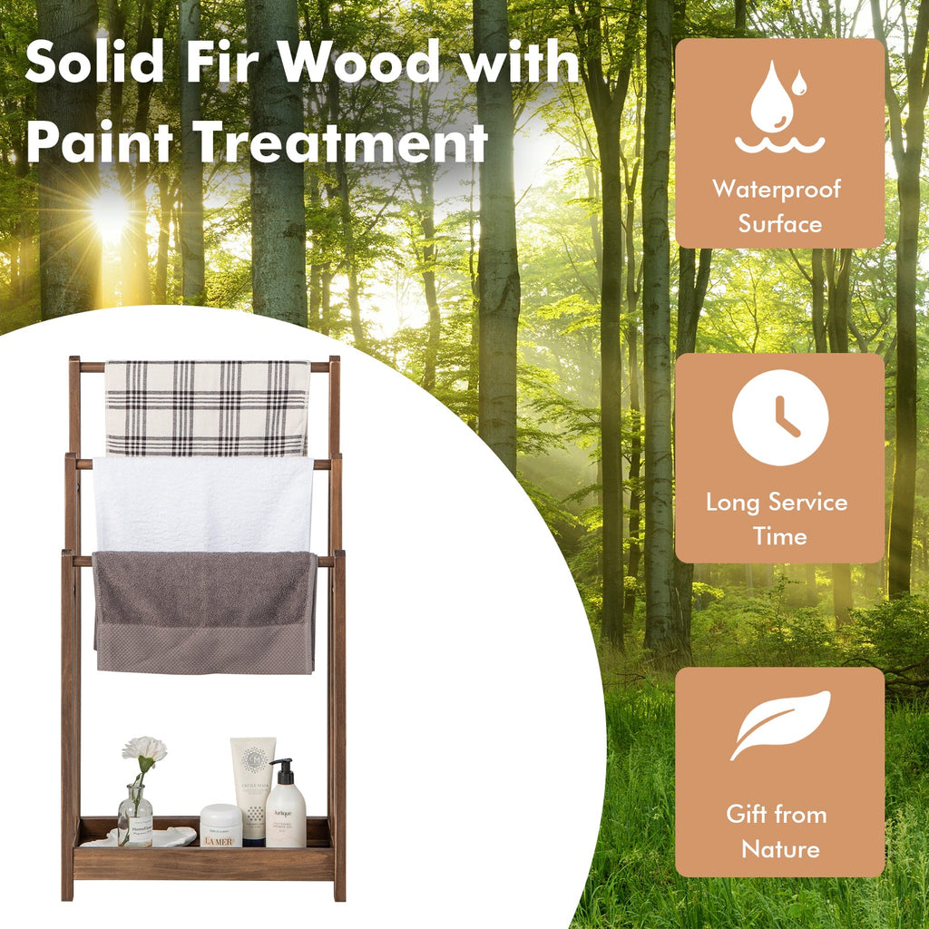Freestanding Wood Towel Rack 3-Bar Towel Drying Stand with Bottom Storage Shelf