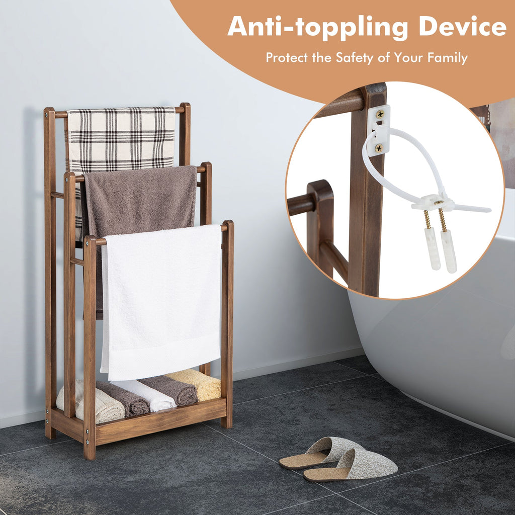 Freestanding Wood Towel Rack 3-Bar Towel Drying Stand with Bottom Storage Shelf
