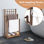 Freestanding Wood Towel Rack 3-Bar Towel Drying Stand with Bottom Storage Shelf