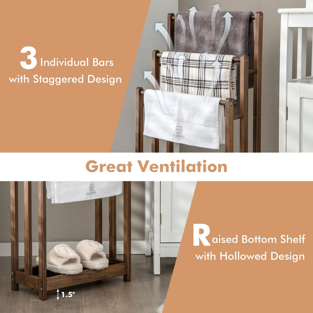 Freestanding Wood Towel Rack 3-Bar Towel Drying Stand with Bottom Storage Shelf