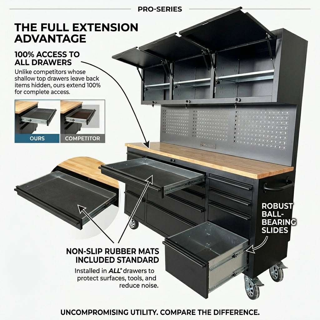 72 inch Rolling Tool Chest with Power Strip, Workbench, Upper Cabinets & Pegboard