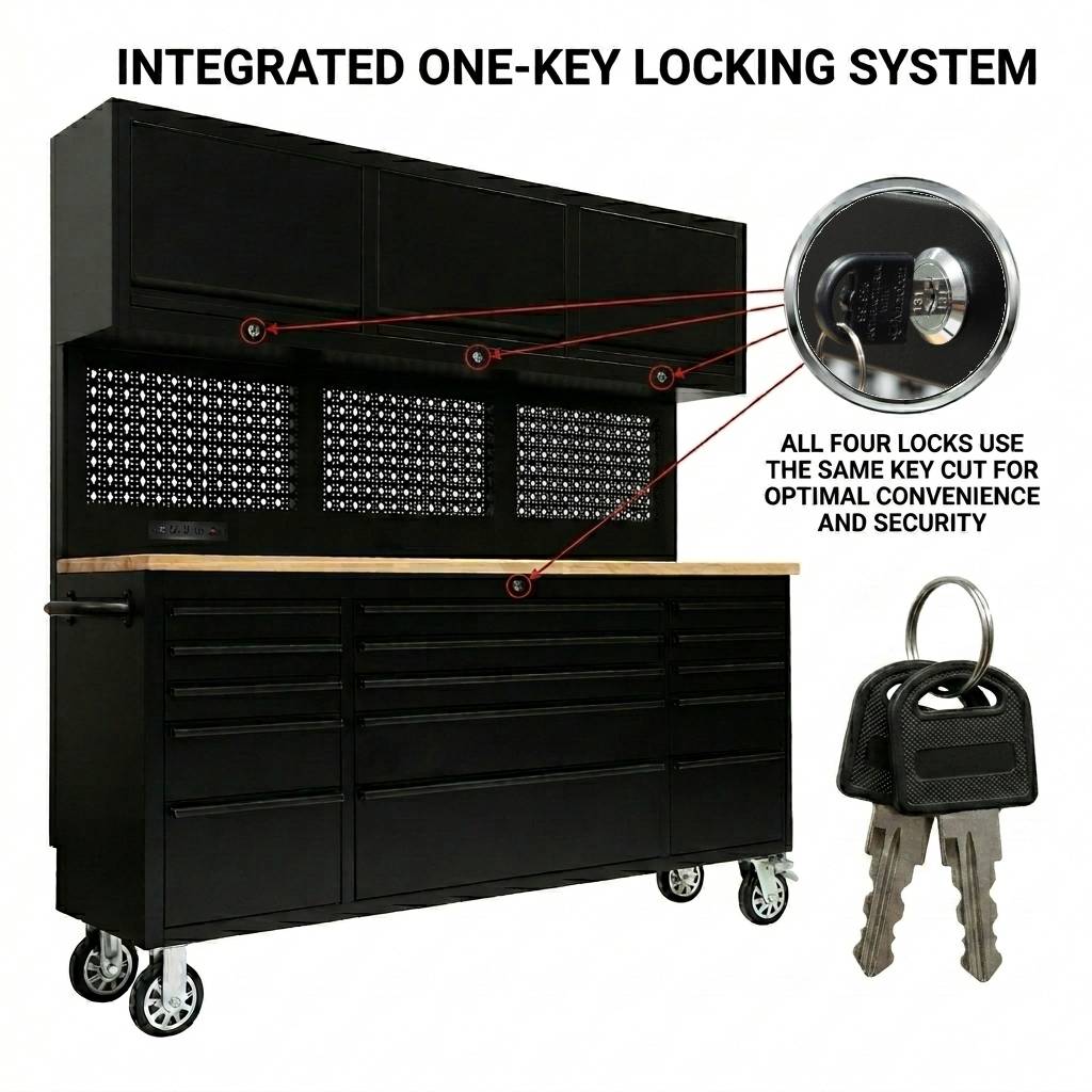 72 inch Rolling Tool Chest with Power Strip, Workbench, Upper Cabinets & Pegboard