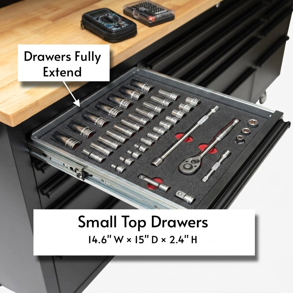 72 inch Rolling Tool Chest with Power Strip, Workbench, Upper Cabinets & Pegboard