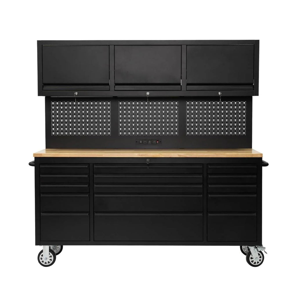 72 inch Rolling Tool Chest with Power Strip, Workbench, Upper Cabinets & Pegboard