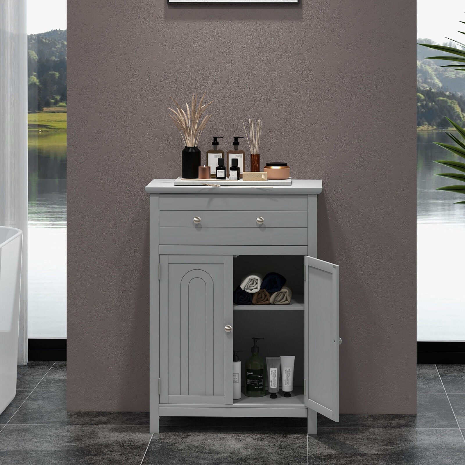 Free Standing Bathroom Storage Cabinet with Large Drawer, Bathroom Entry Bedroom Office
