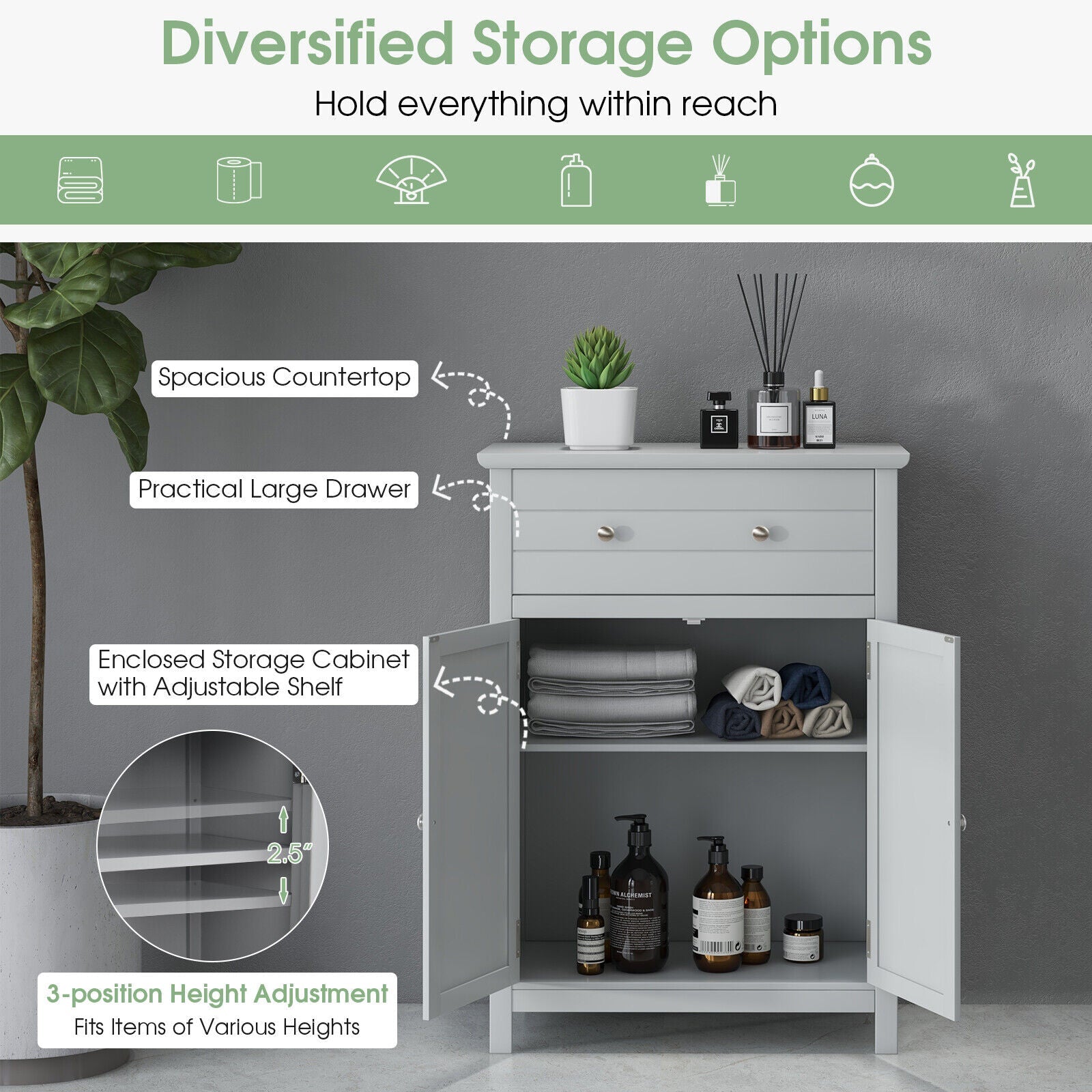 Free Standing Bathroom Storage Cabinet with Large Drawer, Bathroom Entry Bedroom Office