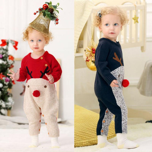 0-2 years, Holiday Reindeer Rompers Knitted  Jumpsuits Toddler Children Warm Wool Clothes For Boys and Girls