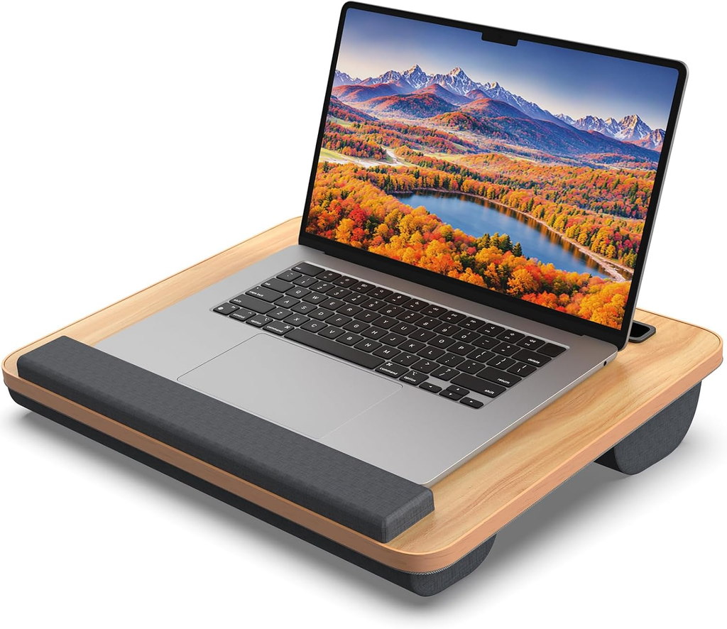 HETTHI Laptop Lap Desk, Portable Large Laptop Desk for Bed, up to 17 in Lap Table with Wrist Rest, Mouse Pad, Tablet Phone Slot, Portable Handle, Lap Tray with Cushion (Dark Brown)