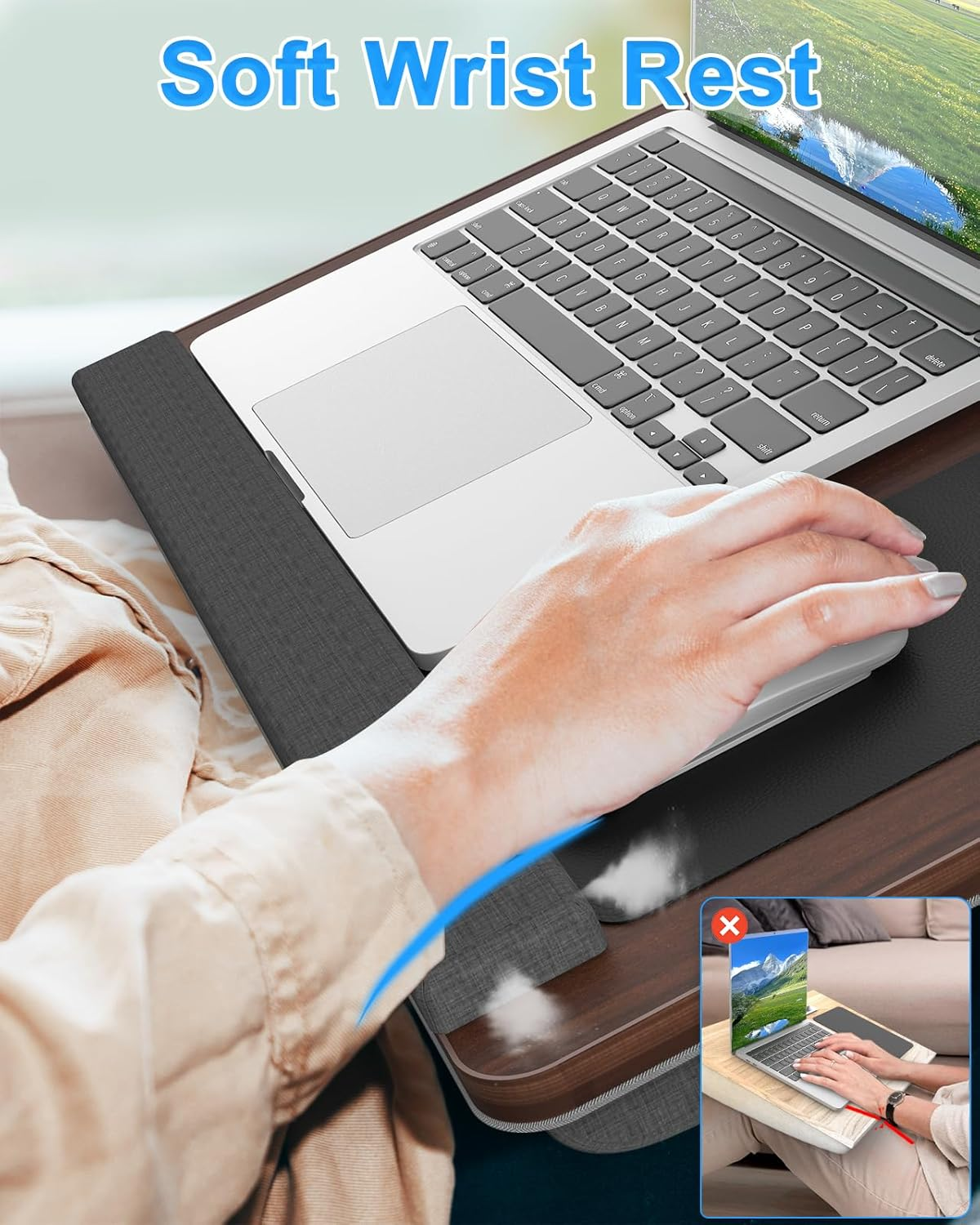 HETTHI Laptop Lap Desk, Portable Large Laptop Desk for Bed, up to 17 in Lap Table with Wrist Rest, Mouse Pad, Tablet Phone Slot, Portable Handle, Lap Tray with Cushion (Dark Brown)