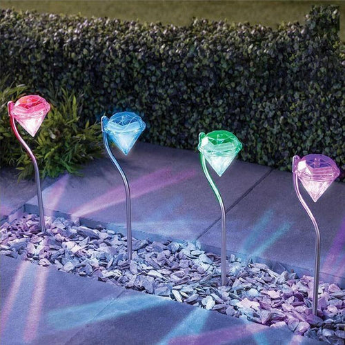 4 Solar Garden Diamond LED Lamps In White Warm White And Multicolor. Stainless Steel Lamps For Garden Pathway Yard