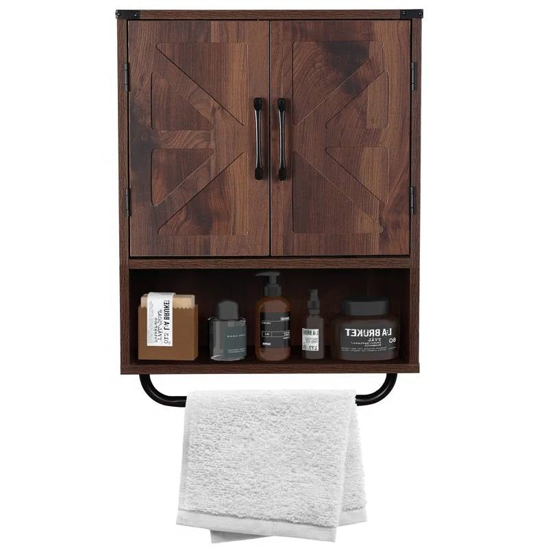 Modern Farmhouse Utility Bathroom Wall Cabinet with Towel Bar in Brown Wood Finish