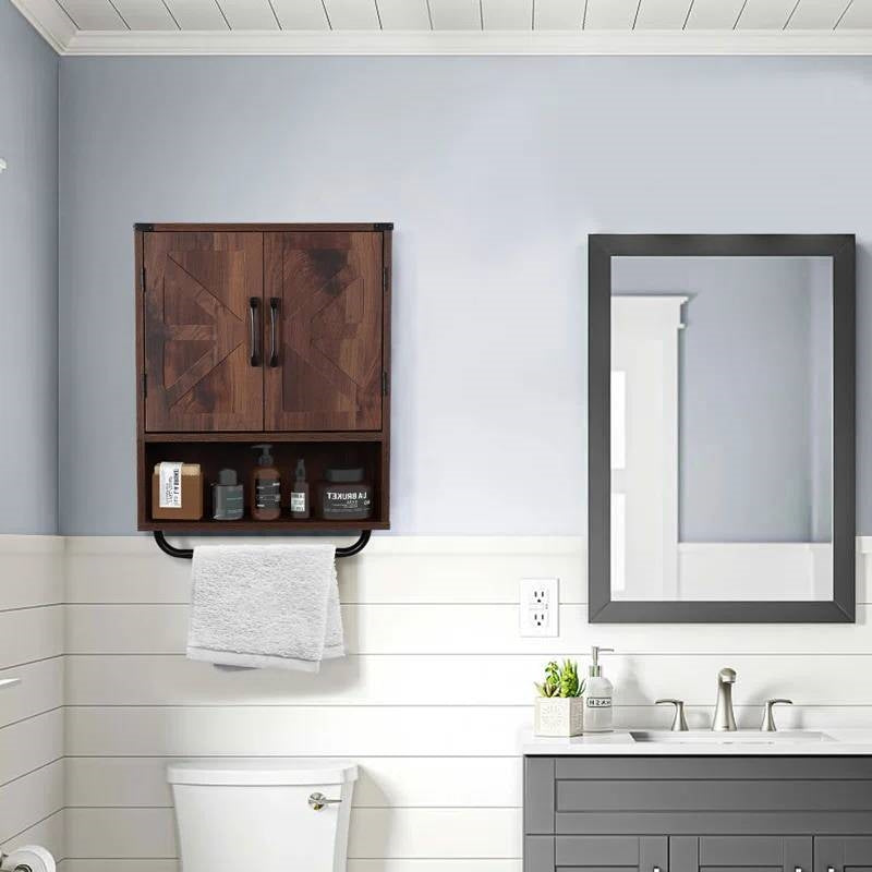 Modern Farmhouse Utility Bathroom Wall Cabinet with Towel Bar in Brown Wood Finish