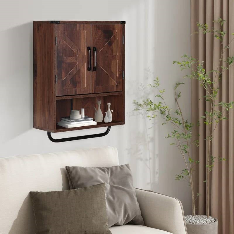 Modern Farmhouse Utility Bathroom Wall Cabinet with Towel Bar in Brown Wood Finish