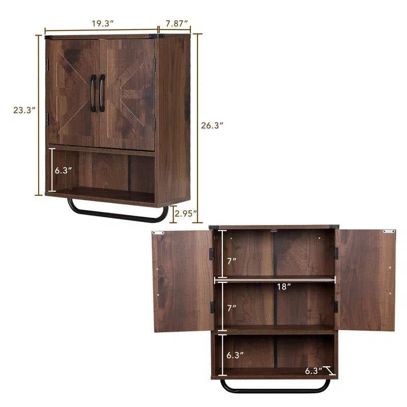 Modern Farmhouse Utility Bathroom Wall Cabinet with Towel Bar in Brown Wood Finish