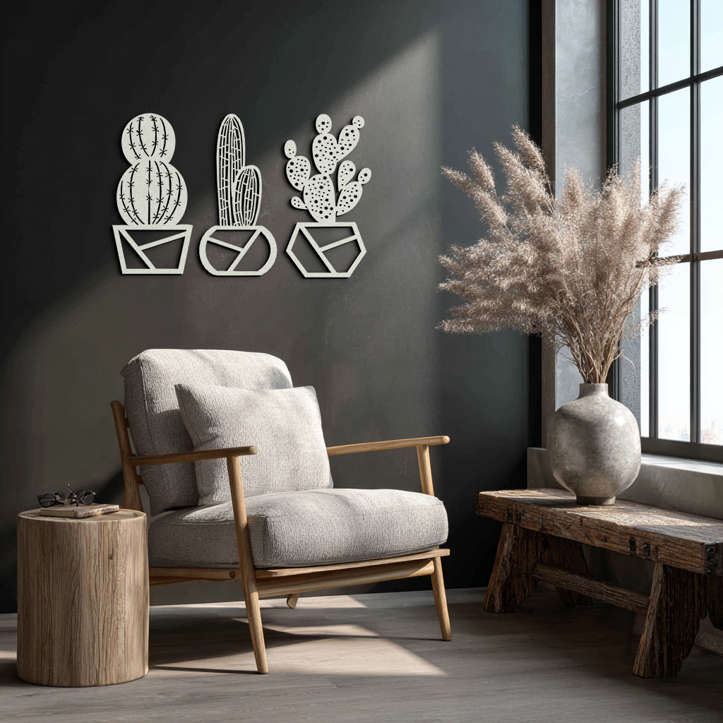 Geometric Cactus Set Metal Wall Art – Modern Black Steel Succulent Decor for Home and Office- KAF518