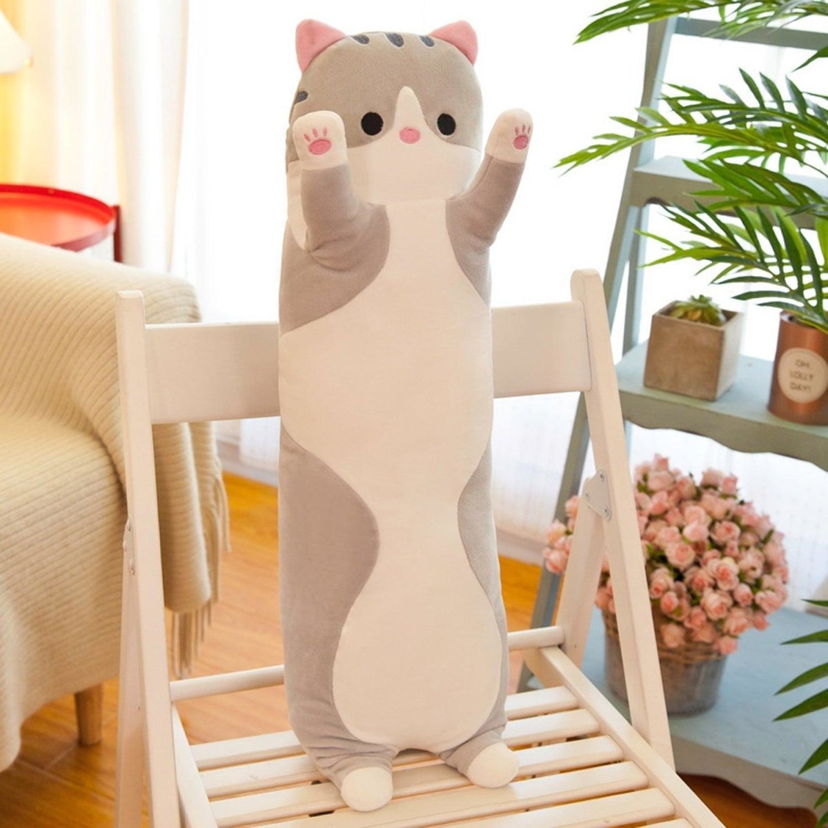 Soft Cuddly Plush Cat Pillow – 26" Long