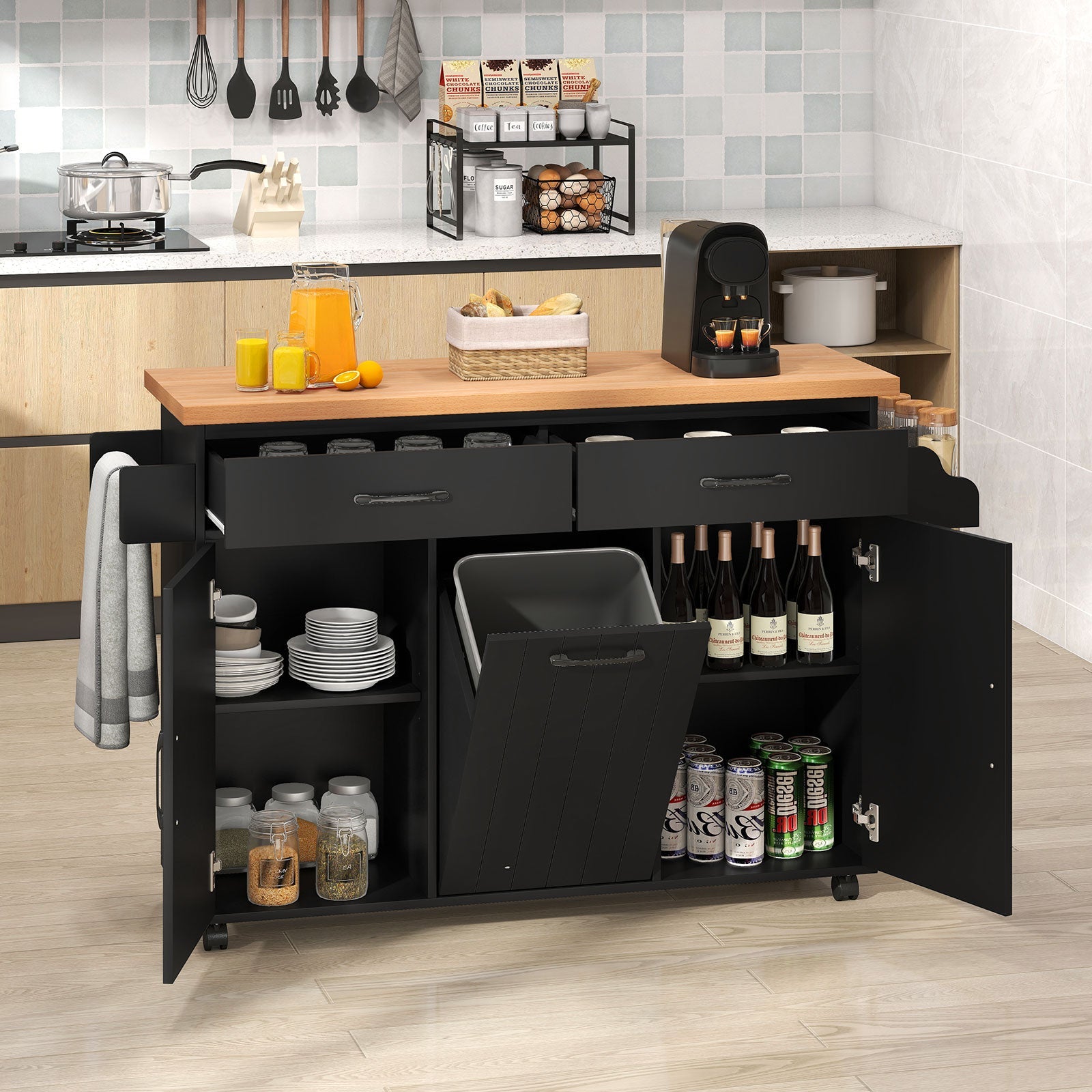 Mobile Kitchen Island Table with Trash Bag Storage for Dining Room or Kitchen - White or Black Wood