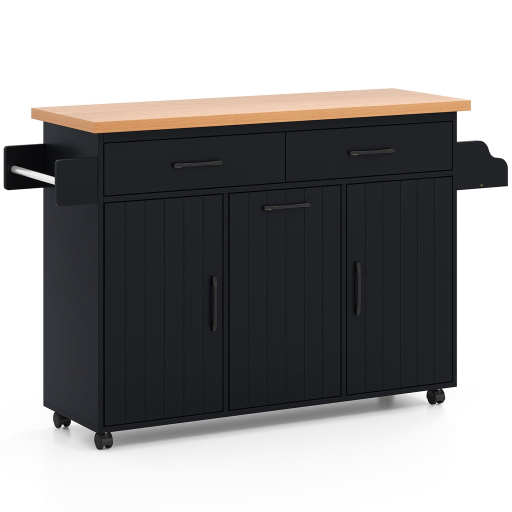 Mobile Kitchen Island Table with Trash Bag Storage for Dining Room or Kitchen - White or Black Wood