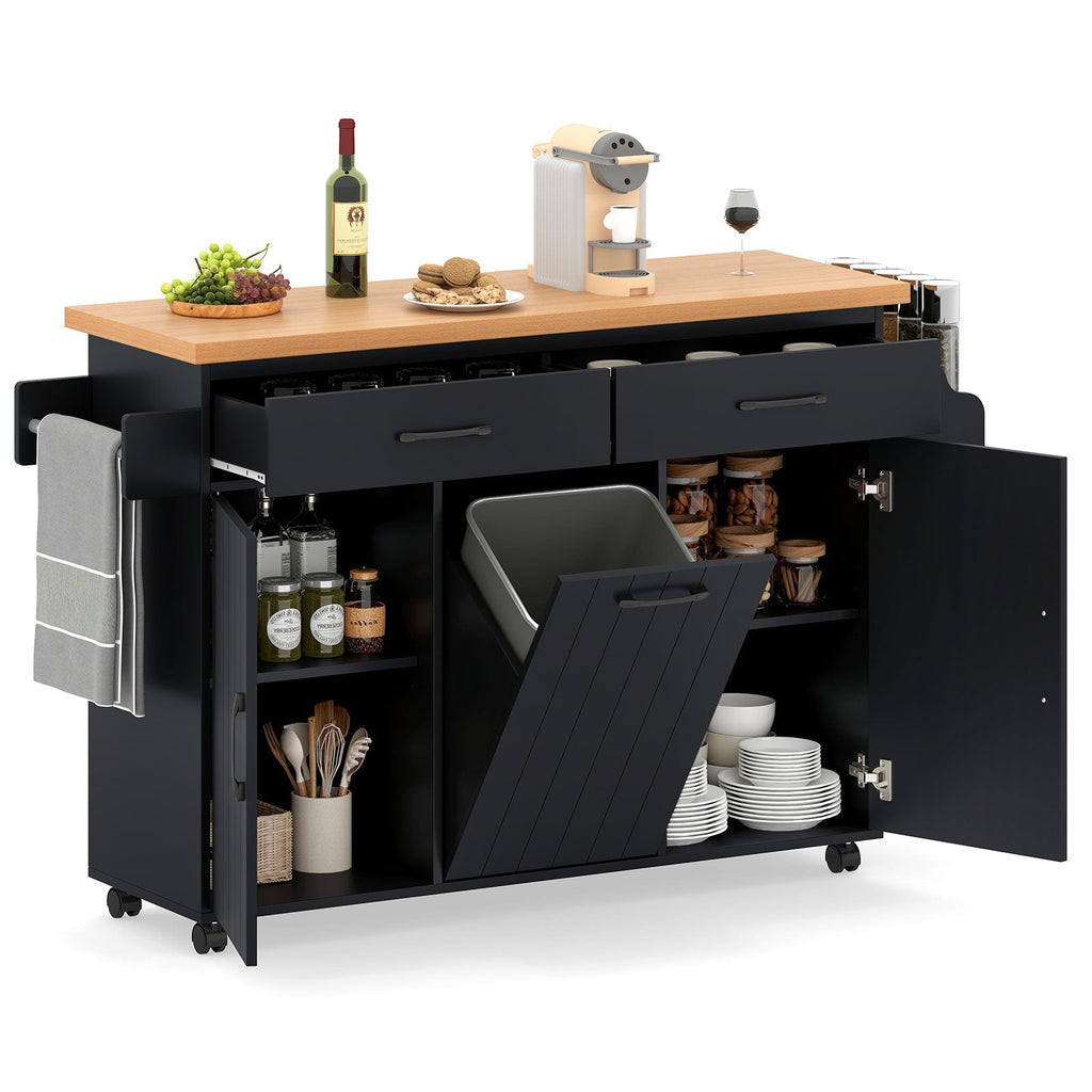 Mobile Kitchen Island Table with Trash Bag Storage for Dining Room or Kitchen - White or Black Wood