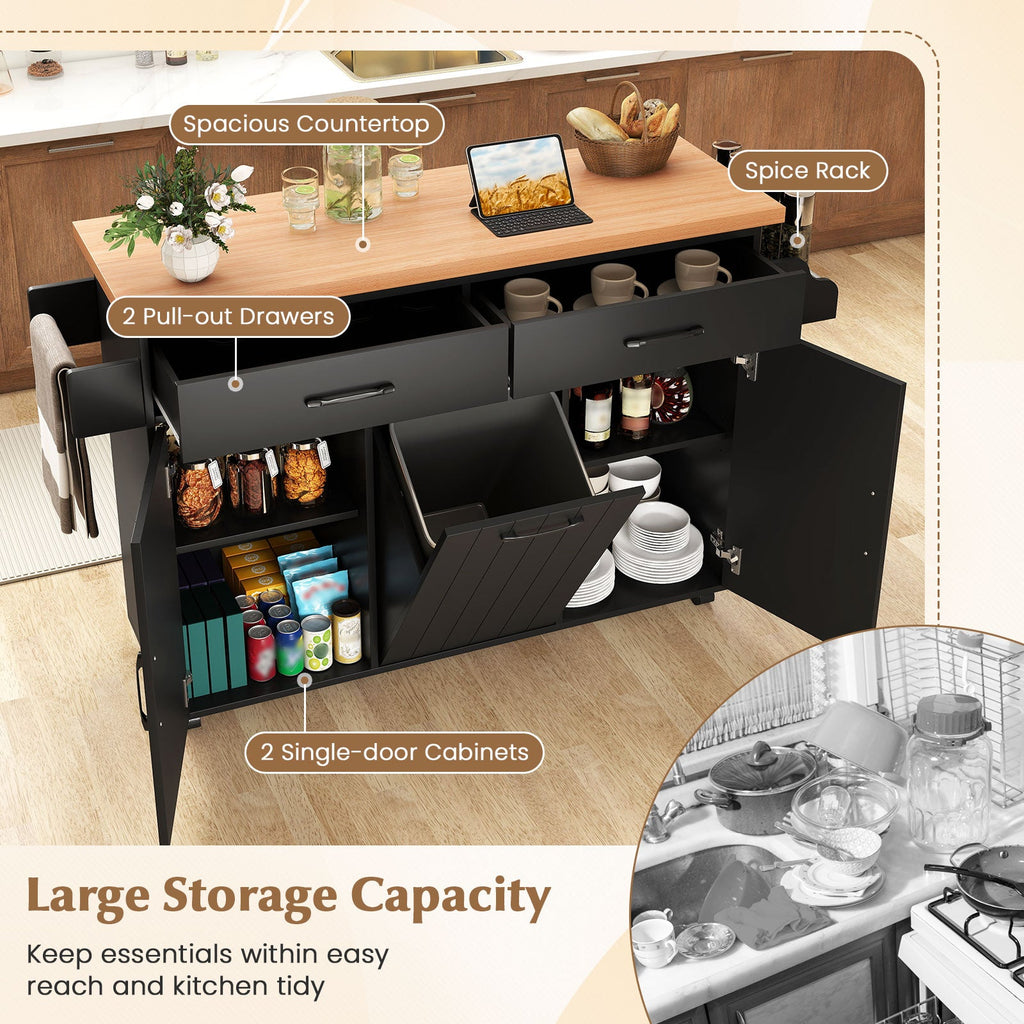 Mobile Kitchen Island Table with Trash Bag Storage for Dining Room or Kitchen - White or Black Wood