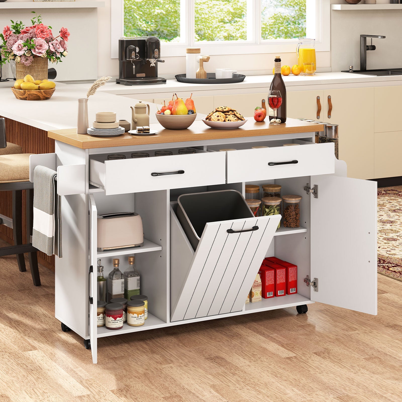 Mobile Kitchen Island Table with Trash Bag Storage for Dining Room or Kitchen - White or Black Wood