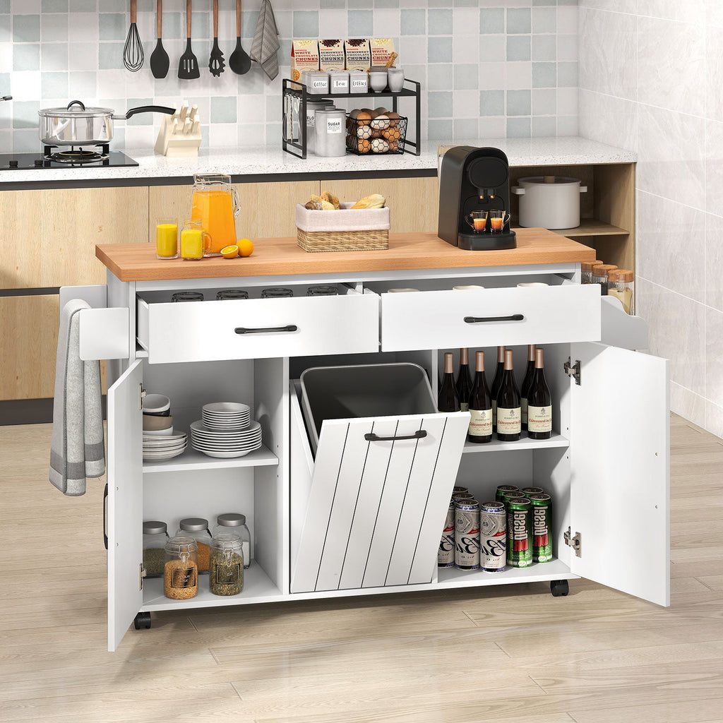 Mobile Kitchen Island Table with Trash Bag Storage for Dining Room or Kitchen - White or Black Wood