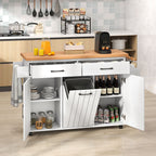 Mobile Kitchen Island Table with Trash Bag Storage for Dining Room or Kitchen - White or Black Wood