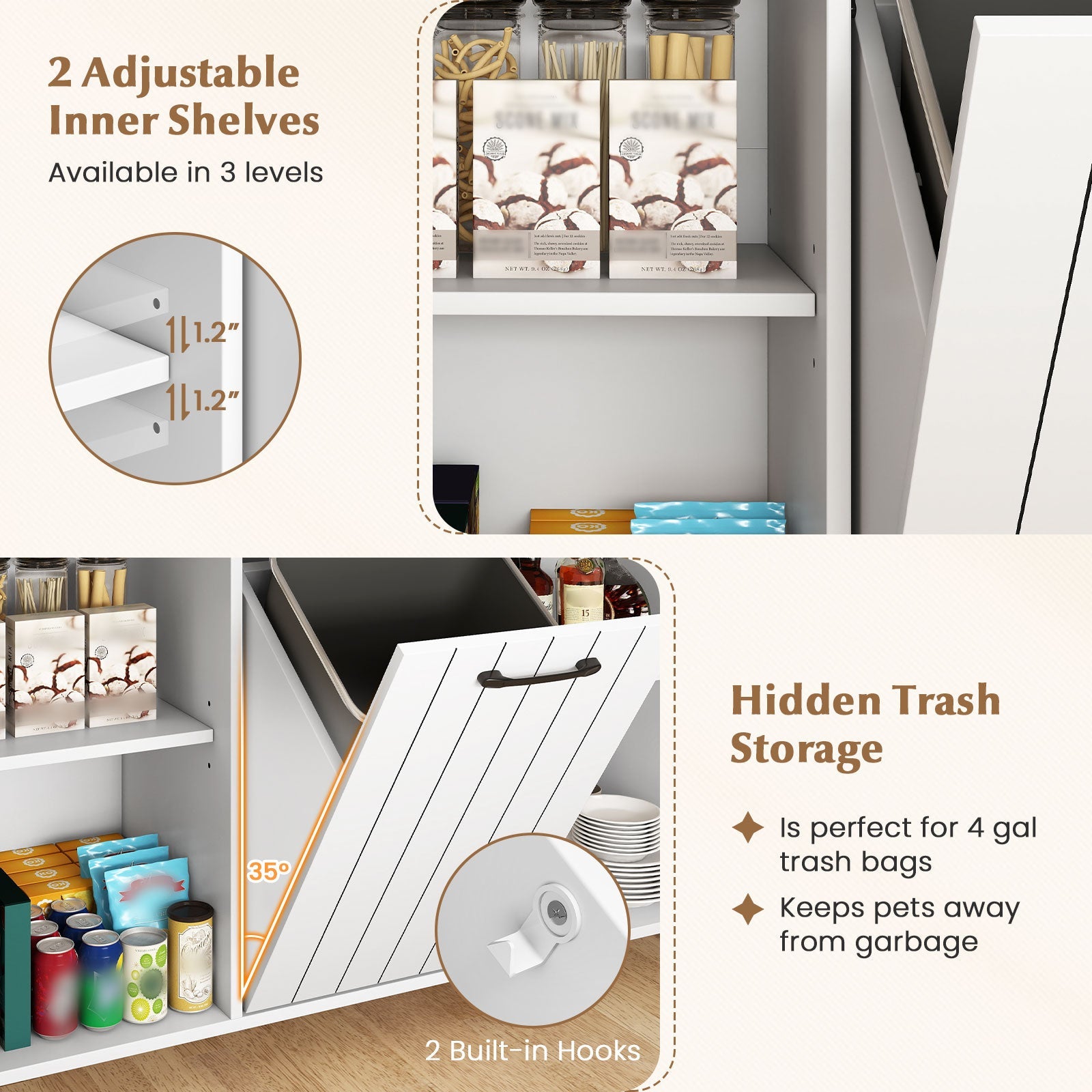 Mobile Kitchen Island Table with Trash Bag Storage for Dining Room or Kitchen - White or Black Wood