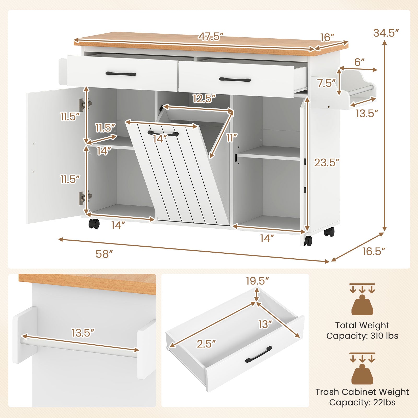 Mobile Kitchen Island Table with Trash Bag Storage for Dining Room or Kitchen - White or Black Wood