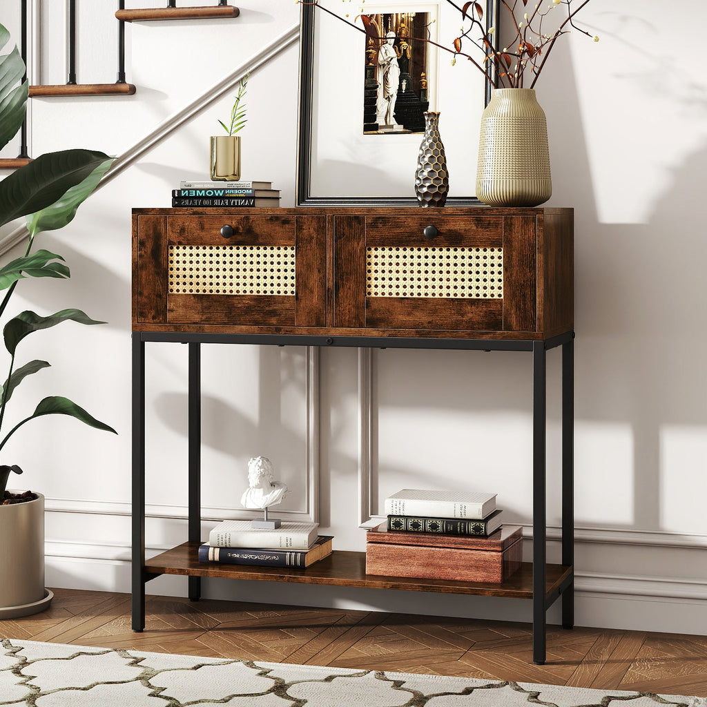 Rattan Console Table Boho Entryway Table with 2 Rattan Drawers and Open Storage Shelf